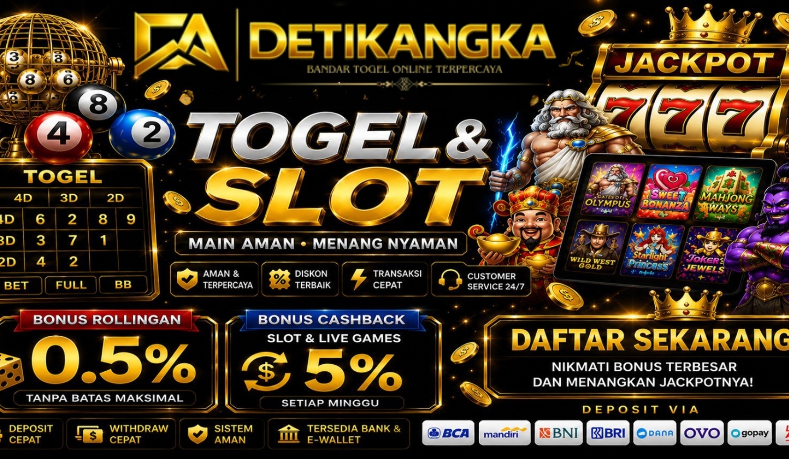 DETIKANGKA Bonus rollingan 0,5%, serta cashback hingga 5%.
